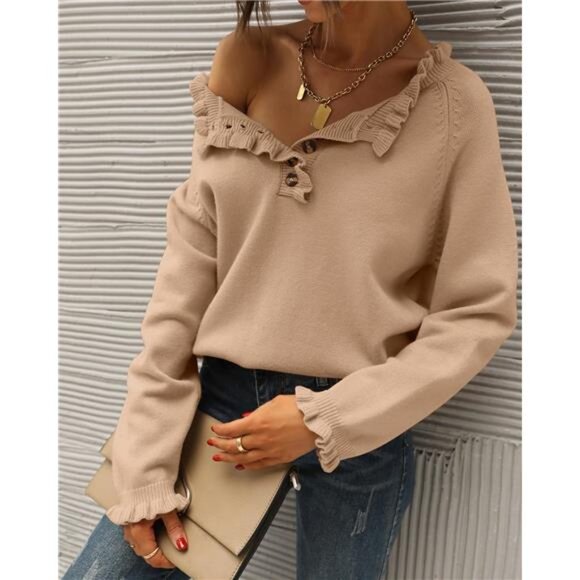 Women's Sweaters – Fall/Winter Long Sleeve, Button-Down, Ruffle Crew Neck - Picture 5 of 7
